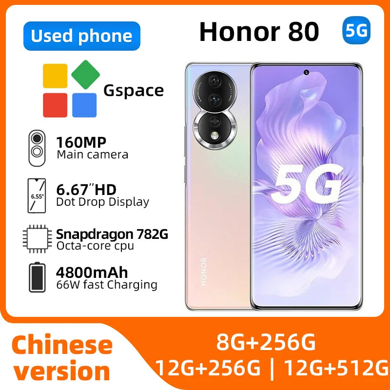 HONOR 80 5G CPU Snapdragon 782G Octa-Core Smartphon 6.67 Inches 120Hz Scrren Magic UI 7 Bettery 4800 NFC Used Smartphone