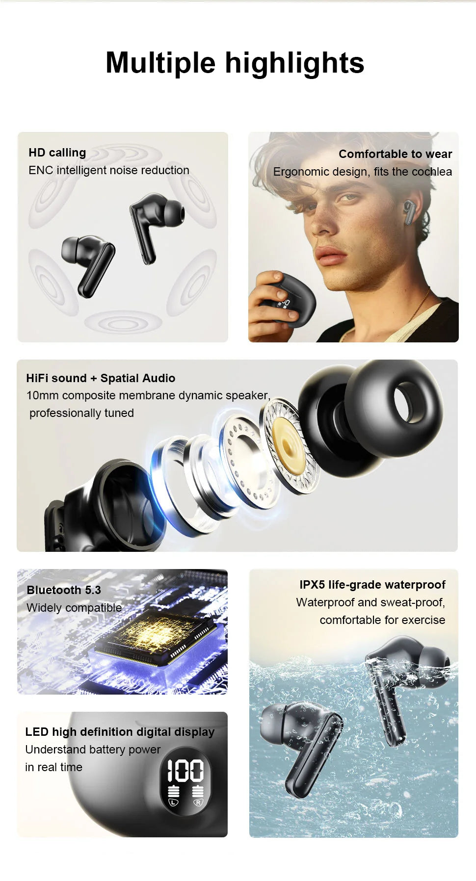 Bluetooth Earphone Wireless Headphone Widely compatible HiFi Stereo Headsets Noise Cancelling Earbuds For Xiaomi Lenovo Air ipad