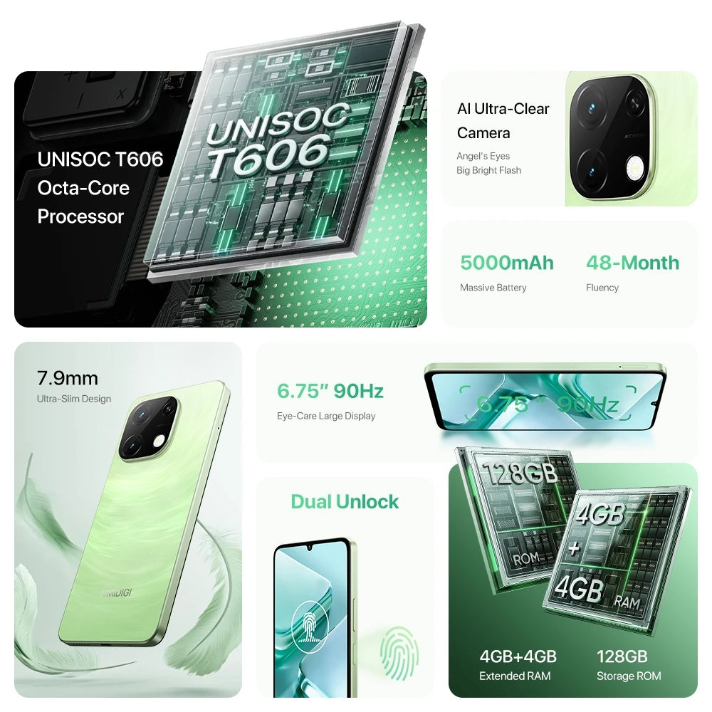 UMIDIGI G9T Smartphone Android 14 UNISOC T606 Octa Core 4GB+128GB 6.75” Water Drop HD+ Display 5000mAh Battery 13MP Camera