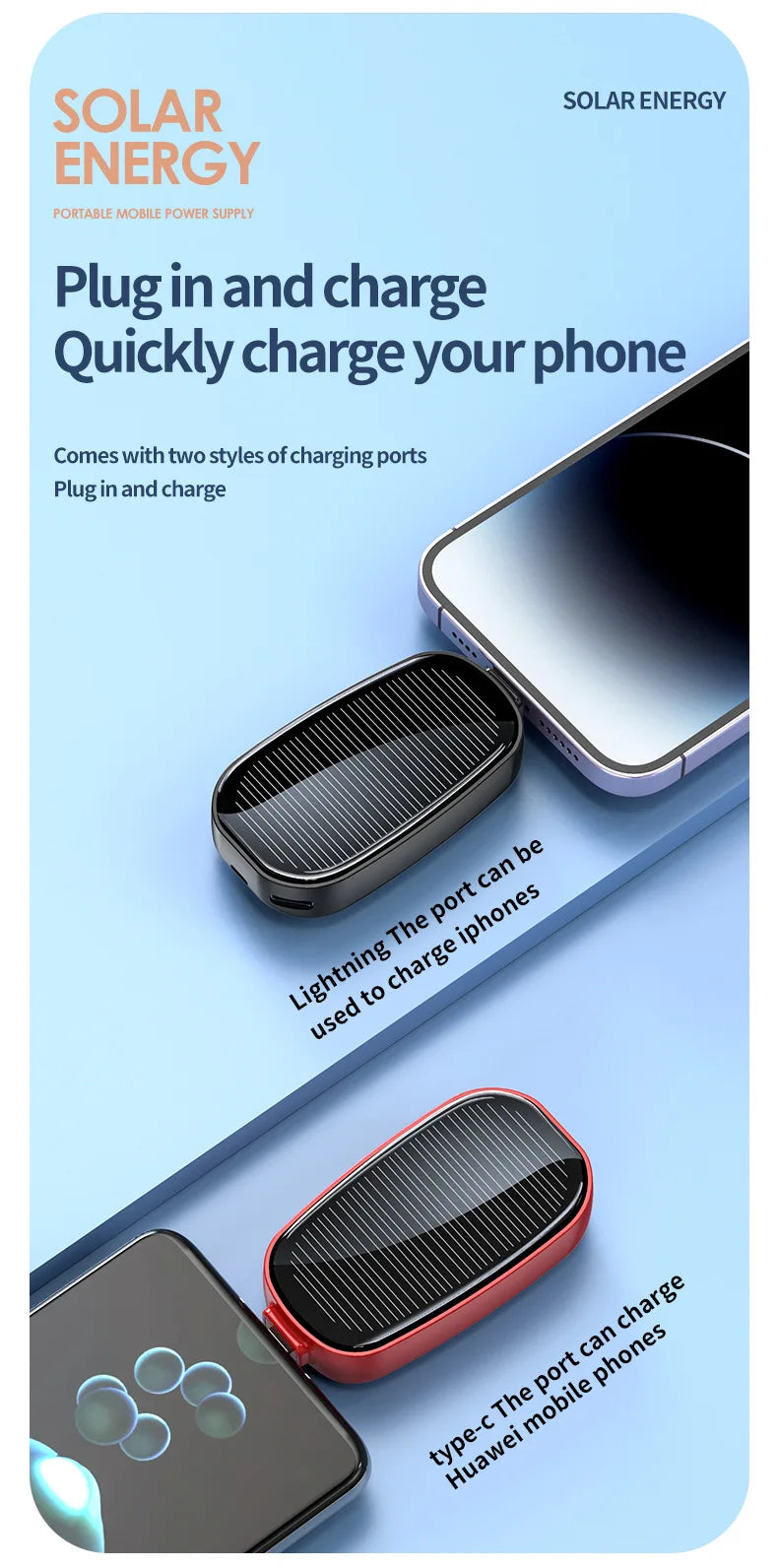 1200mAh Solar Power Bank Portable Charging Poverbank External Battery Charger Fast Charging Powerbank Keychain For Xiaomi TYPE C