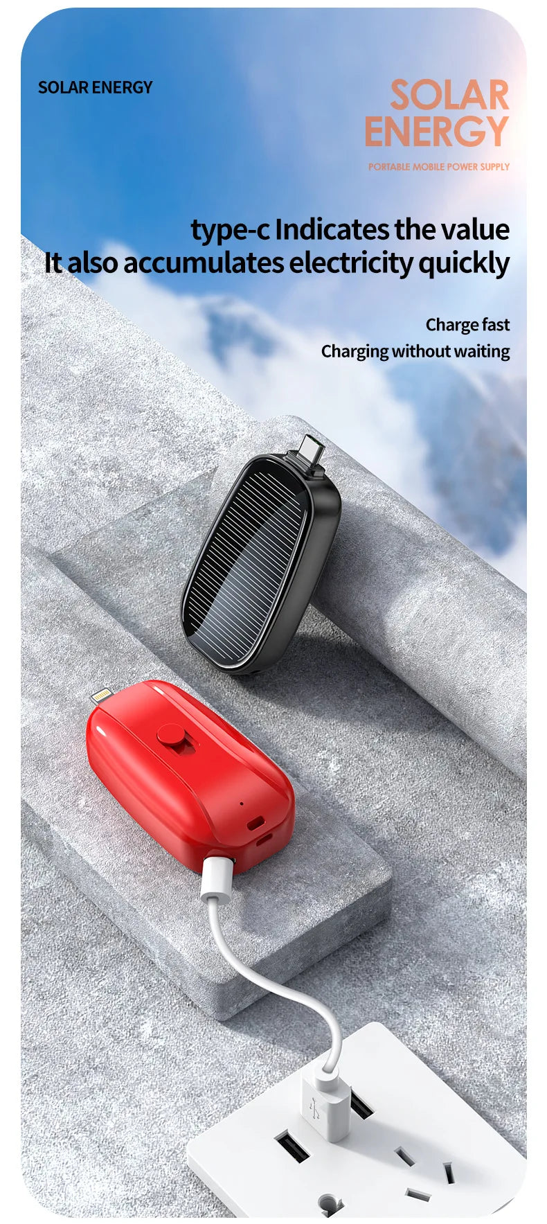 1200mAh Solar Power Bank Portable Charging Poverbank External Battery Charger Fast Charging Powerbank Keychain For Xiaomi TYPE C