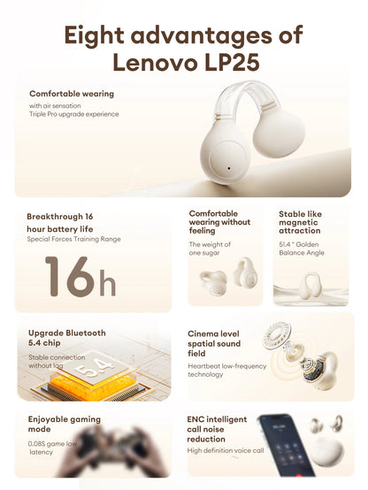Lenovo LP25 OWS Bluetooth 5.4 Wireless Earphone Long Battery Life Headset Noise Canceling Gaming Headphones HIFI Stereo With Mic
