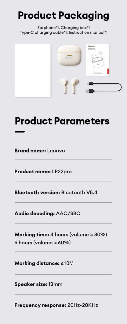 Original Lenovo LP22 Pro Wireless Bluetooth Headphones True For Stereo Sport Game TWS Earbuds In Ear With Mic Touch Headset New