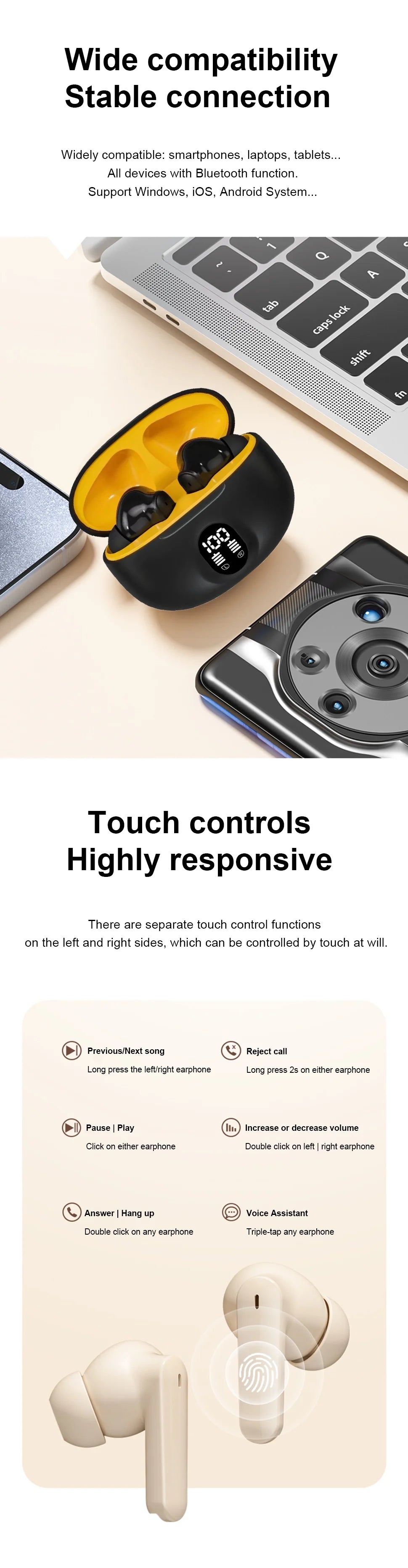 Bluetooth Earphone Wireless Headphone Widely compatible HiFi Stereo Headsets Noise Cancelling Earbuds For Xiaomi Lenovo Air ipad