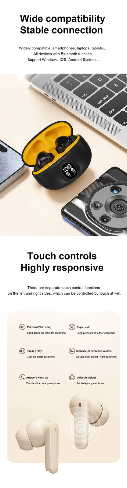 Bluetooth Earphone Wireless Headphone Widely compatible HiFi Stereo Headsets Noise Cancelling Earbuds For Xiaomi Lenovo Air ipad
