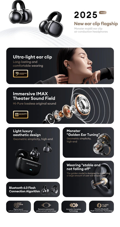 Monster MQT65 OWS Bluetooth 6.0 Earphones IP5X Waterproof Sports Wireless Headphones Noise Canceling HD Call Earbuds With Mic