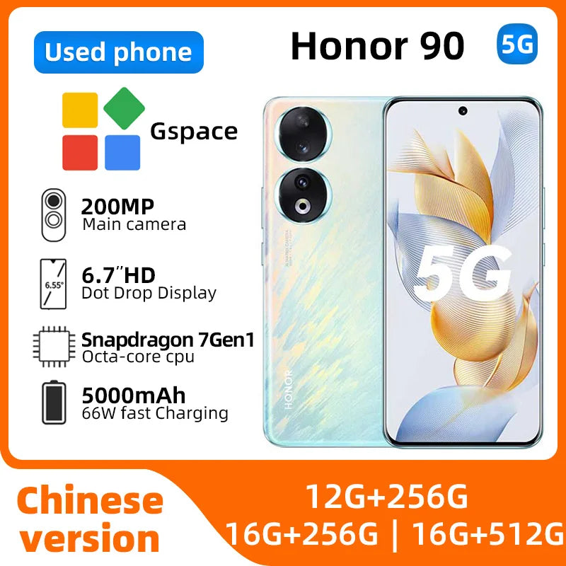HONOR 90 5G Android Smartphone CPU Qualcomm Snapdragon 7 Gen 1 6.7 Inch OLED Screen  200MP Camera 5000mAh Battery Used Phone